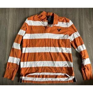American Eagle Polo Shirt Mens Medium Orange Striped Casual Long Sleeve Adult